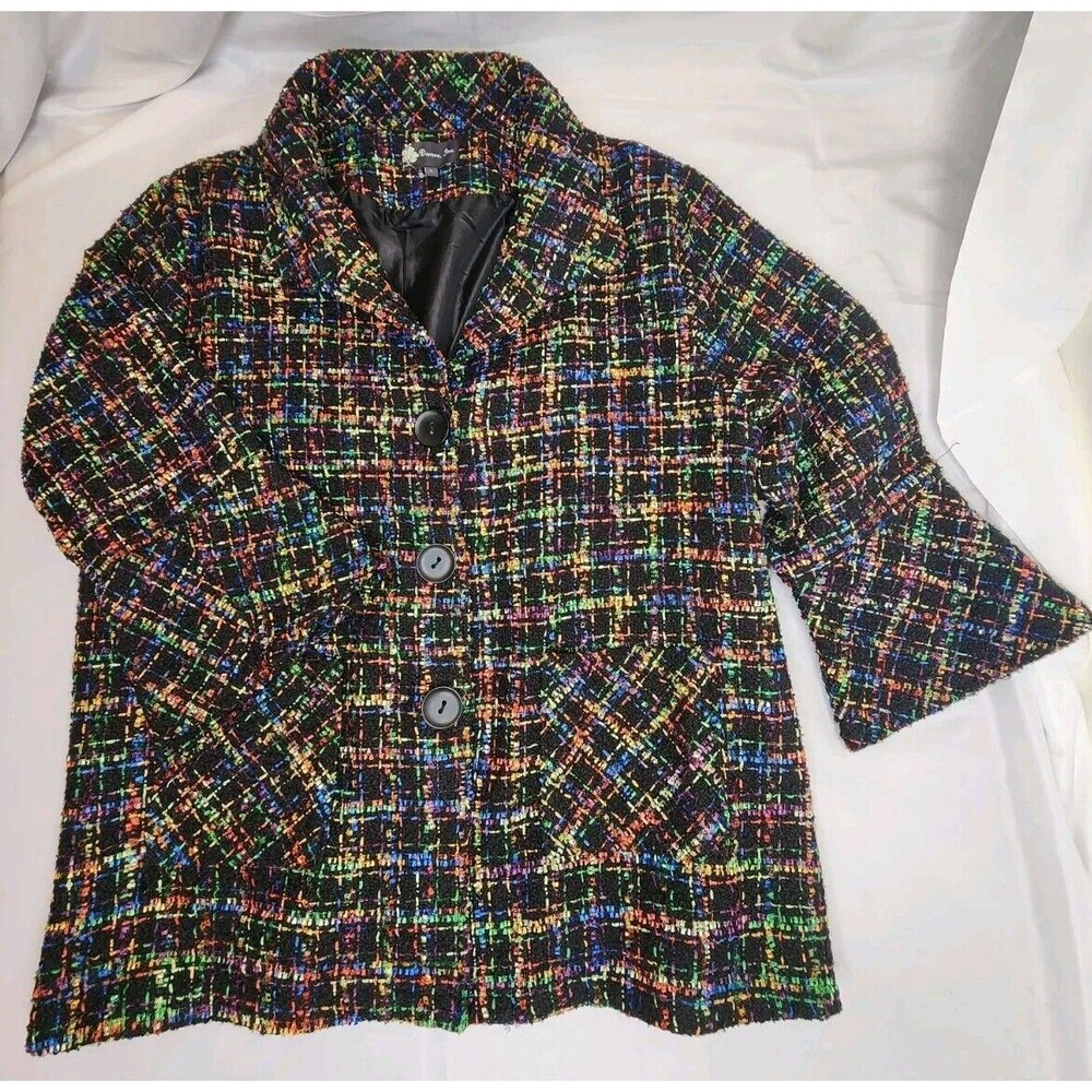 Damee NYC Womens Size L NEON Green Orange Grid Plaid Designer Dress Blazer Art